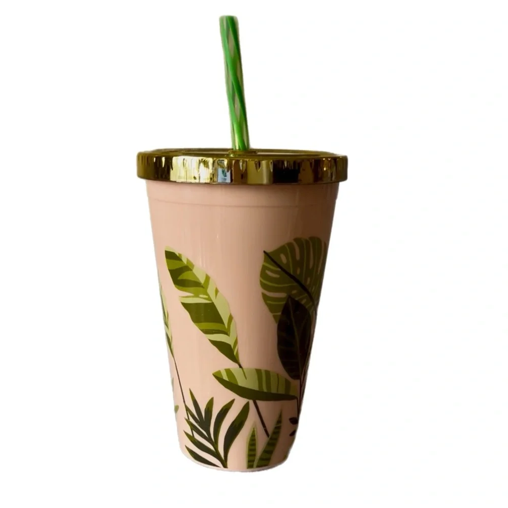 Leafy Green and Cream Tumbler with Straw - Picture 3 of 8